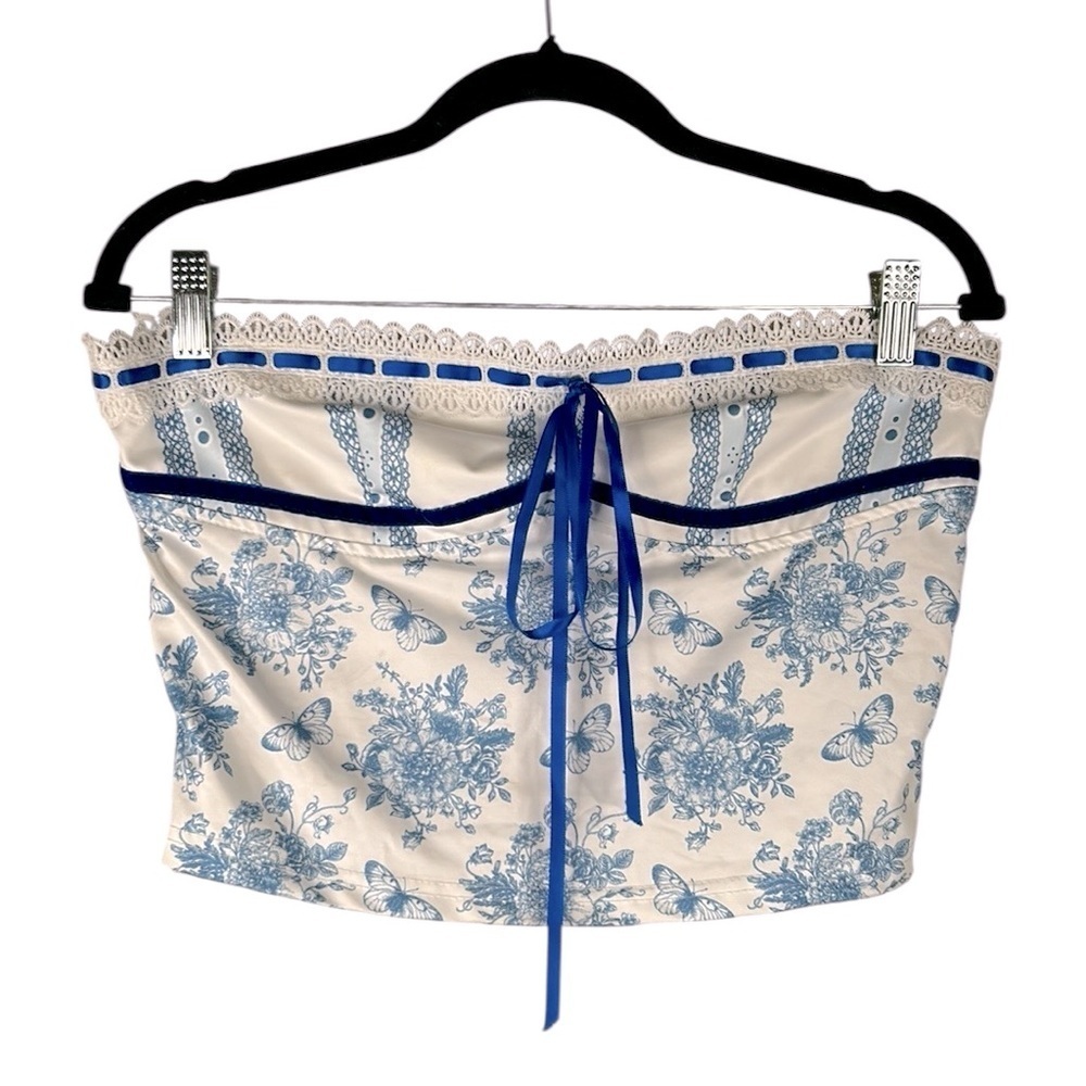 Cottagecore Milkmaid Blue‎ & White Floral Romantic Bustier Crop Top Size Medium